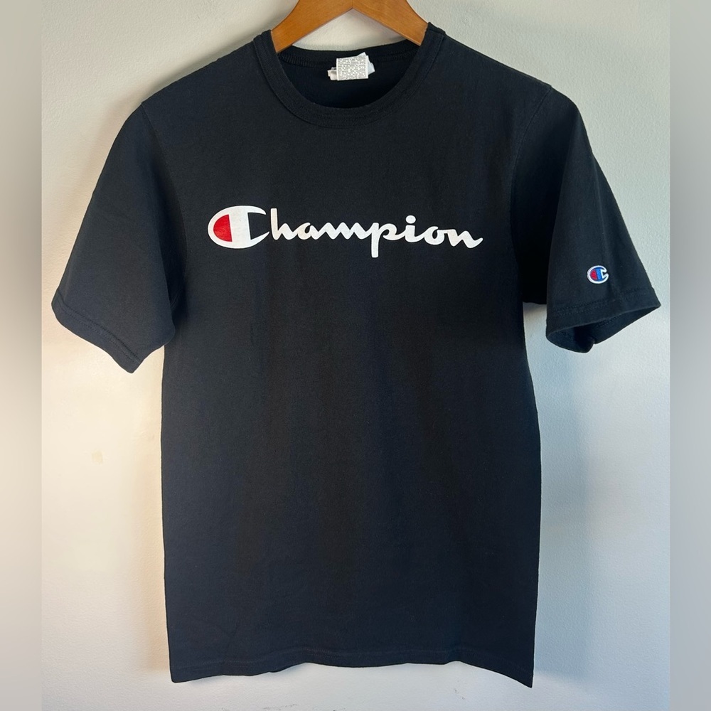 Champion Heritage Script Mens Black T-shirt - Size S Cotton EUC